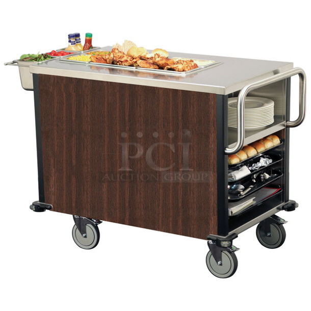 BRAND NEW SCRATCH AND DENT! Suzy Q Lakeside Stainless Steel Walnut Dining Room Meal Serving System with One Heated Well on Commercial Casters. Tested and Working! - Image 1 of 8