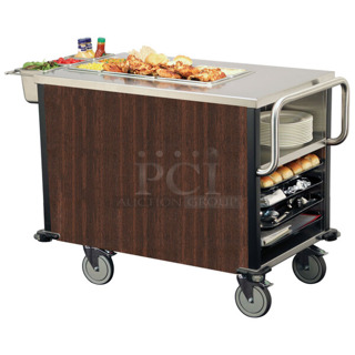BRAND NEW SCRATCH AND DENT! Suzy Q Lakeside Stainless Steel Walnut Dining Room Meal Serving System with One Heated Well on Commercial Casters. Tested and Working!