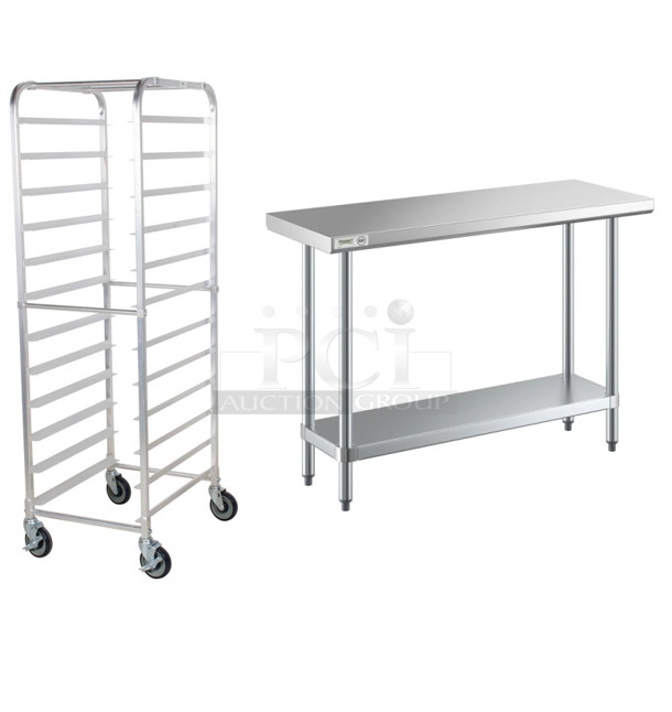 2 BRAND NEW SCRATCH AND DENT! Items; Regency 600PR125K 12 Pan End Load Bun / Sheet Pan Rack - Unassembled and Regency 600T1848G 18" x 48" 18-Gauge 304 Stainless Steel Commercial Work Table with Galvanized Legs and Undershelf. 2 Times Your Bid! May Be Missing Pieces.  - Image 1 of 4