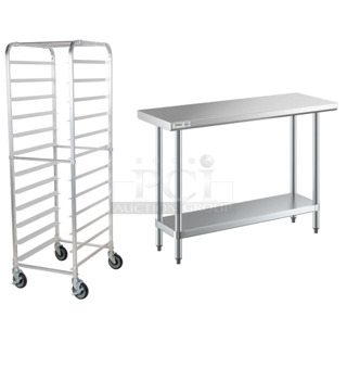 2 BRAND NEW SCRATCH AND DENT! Items; Regency 600PR125K 12 Pan End Load Bun / Sheet Pan Rack - Unassembled and Regency 600T1848G 18" x 48" 18-Gauge 304 Stainless Steel Commercial Work Table with Galvanized Legs and Undershelf. 2 Times Your Bid! May Be Missing Pieces. 