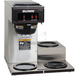 BRAND NEW SCRATCH AND DENT! 2023 Bunn VP17-3 Stainless Steel Commercial Countertop 3 Burner Coffee Machine w/ 3 Coffee Pots and Poly Brew Basket. 120 Volts, 1 Phase. 