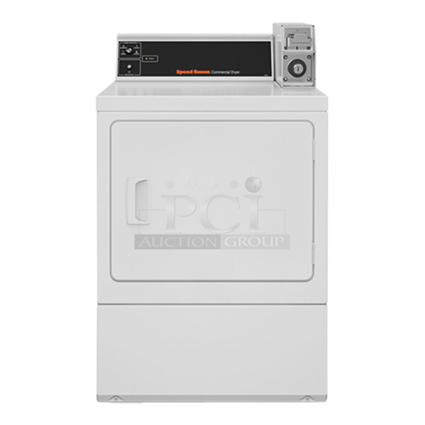 BRAND NEW SCRATCH AND DENT! Speed Queen Quantum Gold Pro DV6000WE 7.0 cu. ft. 27" Left Hinged Front Load Electric Commercial Dryer with Rear Control - Coin Operated. 120/208-240 Volts, 1 Phase.  - Image 1 of 6