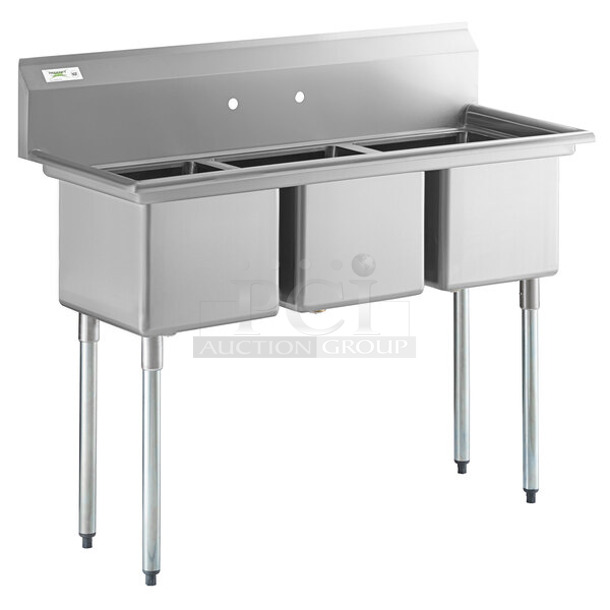 BRAND NEW SCRATCH AND DENT! Regency 600S31515 54" 16-Gauge Stainless Steel Three Compartment Commercial Sink with Galvanized Steel Legs and without Drainboards - 15" x 15" x 12" Bowls - Image 1 of 8