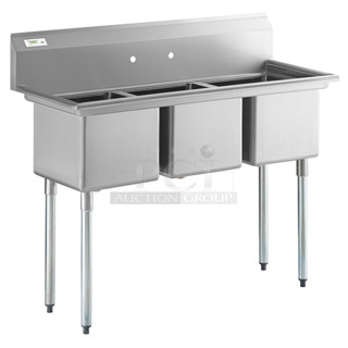 BRAND NEW SCRATCH AND DENT! Regency 600S31515 54" 16-Gauge Stainless Steel Three Compartment Commercial Sink with Galvanized Steel Legs and without Drainboards - 15" x 15" x 12" Bowls