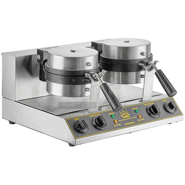 BRAND NEW SCRATCH AND DENT! 2023 Carnival King 382WBM26 Stainless Steel Commercial Countertop Non-Stick Double Belgian Waffle Maker with Timers. 120 Volts, 1 Phase. See Pictures for Damage. Tested and Working! - Image 1 of 9