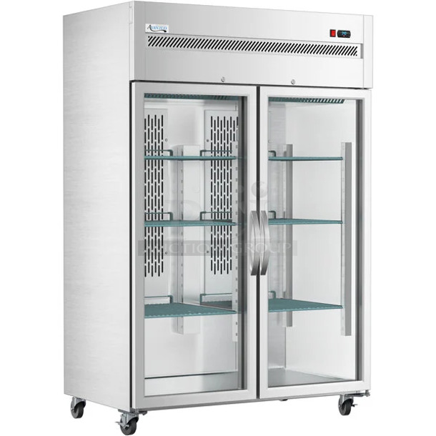 BRAND NEW SCRATCH AND DENT! 2023 Avantco 178Z2RGHC Stainless Steel 54" Glass Door Stainless Steel Reach-In Refrigerator w/ Poly Coated Racks. 115 Volts, 1 Phase.  Tested and Working! - Image 1 of 7