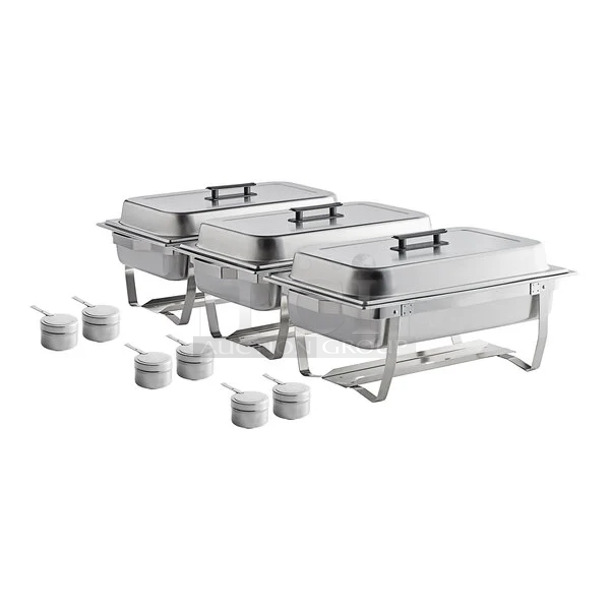 3 BRAND NEW SCRATCH AND DENT! Choice Economy 8 Qt. Full Size Stainless Steel Chafer with Folding Frame. 3 Times Your Bid!  - Image 1 of 6