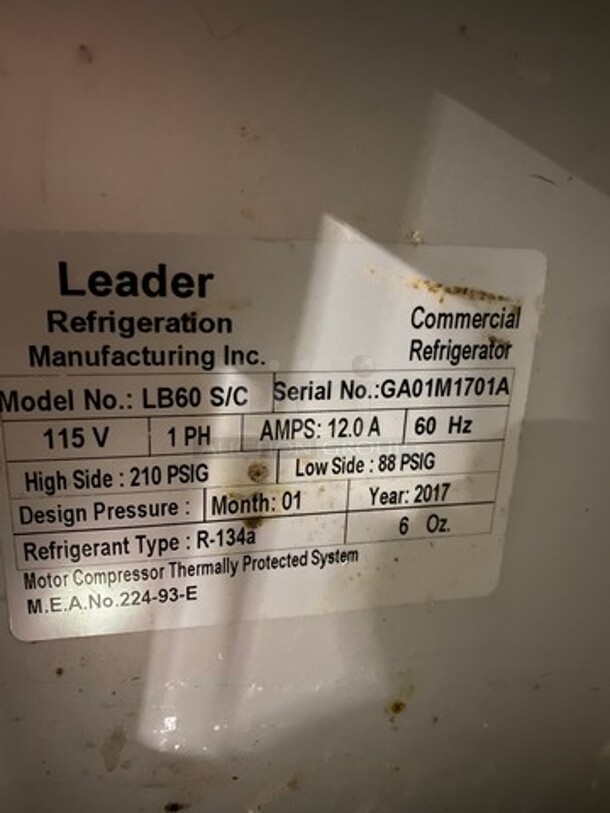 Leader Commercial 2 Door Lowboy/ Worktop Cooler! All Stainless Steel! On Casters! Model: LB60SC SN: GA01M1701A 115V 60HZ 1 Phase - Image 10 of 10