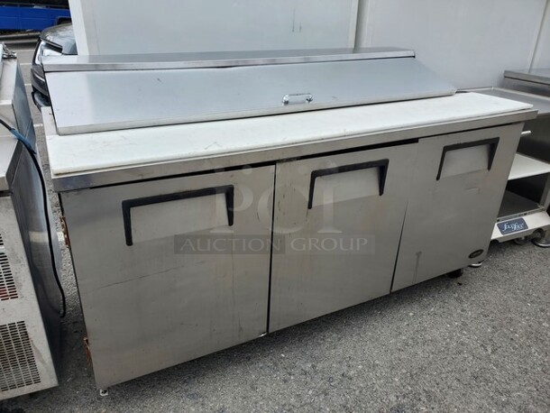 TRUE TSSU-72-18 3-door 72" Refrigerated Sandwich/Prep Table 

72X30X36 On  Caster, Tested and working! SOLD AS IS - Image 3 of 3