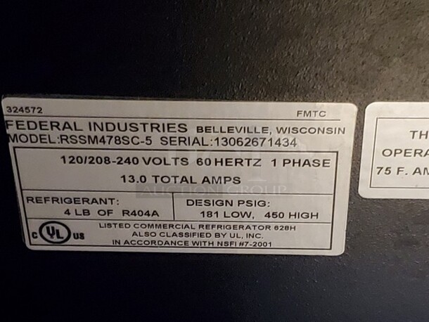 Federal RSSM478SC-5 120/208-240V Merchandiser, Tested and not cooling - Image 4 of 4