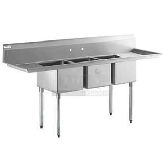 BRAND NEW SCRATCH AND DENT! Regency 88" 16 Gauge Stainless Steel Three Compartment Commercial Sink and 2 Drainboards - 16" x 20" x 12" Bowls - back of unit is dented	