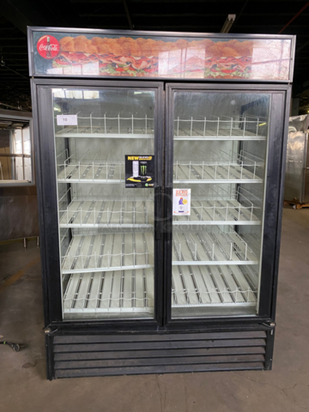 NICE! True Commercial 2 Door Reach In Cooler Merchandiser! With View Through Doors And Sides! With Beverage Racks! Model: GEM49 SN: 14438952 115V 60HZ 1 Phase