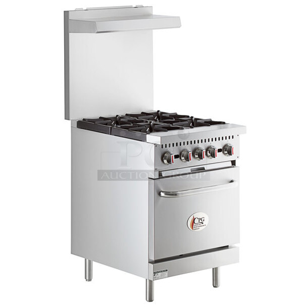 BRAND NEW SCRATCH AND DENT! Cooking Performance Group CPG 351S24L Stainless Steel Commercial Propane Gas Powered 4 Burner Range w/ Oven, Over Shelf and Back Splash. 150,000 BTU.