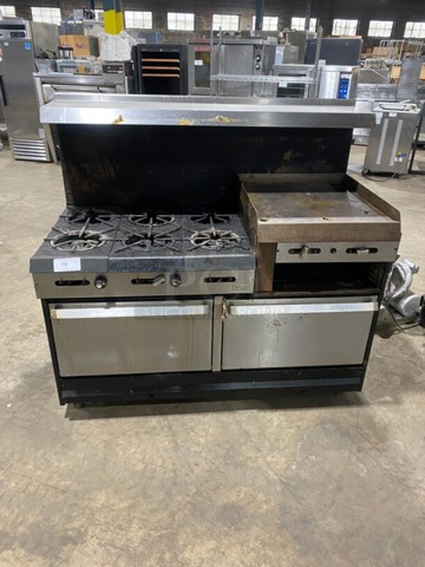 Garland Commercial Natural Gas Powered 6 Burner Stove With Right Side Flat Griddle! Griddle Has Side Splashes! With Raised Back Splash And Salamander Shelf! With 2 Oven Underneath! Metal Oven Racks! All Stainless Steel! On Legs! Working When Removed!