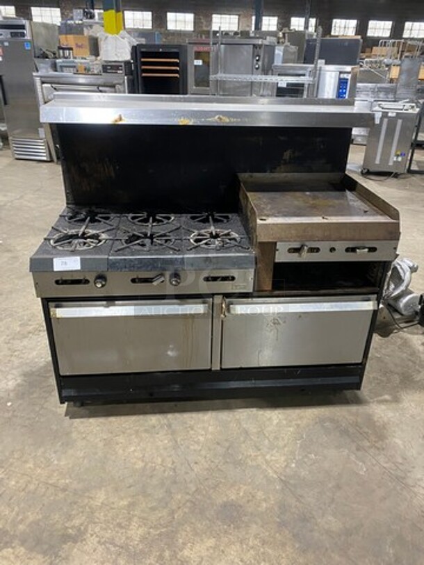 Garland Commercial Natural Gas Powered 6 Burner Stove With Right Side Flat Griddle! Griddle Has Side Splashes! With Raised Back Splash And Salamander Shelf! With 2 Oven Underneath! Metal Oven Racks! All Stainless Steel! On Legs! Working When Removed! - Image 1 of 9