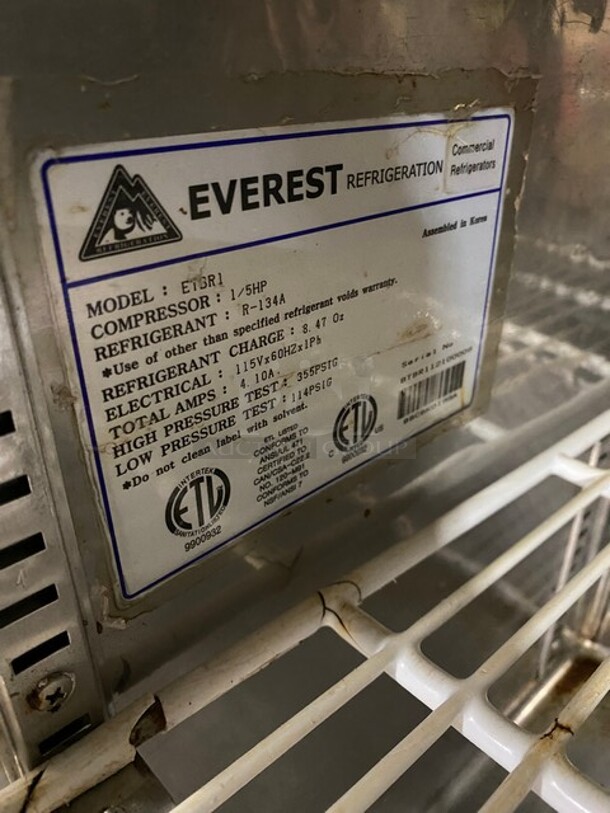 Everest Commercial Single Door Lowboy/ Worktop Cooler! All Stainless Steel! Model: ETBR1 SN: BTBR112100008 115V 60HZ 1 Phase - Image 6 of 7