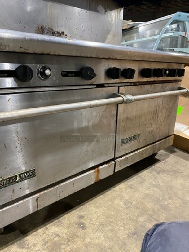 American Range Commercial Natural Gas Powered 10 Burner Stove! With Raised Back Splash And Salamander Shelf! With 2 Full Size Oven Underneath! Metal Oven Racks! All Stainless Steel! On Casters! - Image 7 of 12