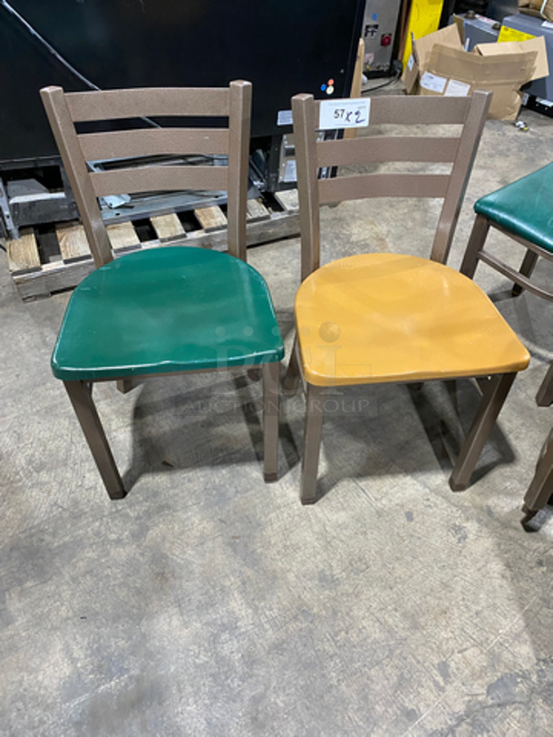Green And Yellow Seat Chairs! With Brown Metal Body! 2x Your Bid!