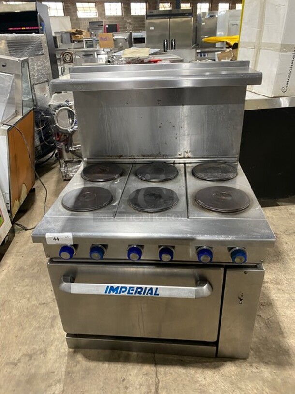 Sweet! Imperial Electric Powered 6 Burner Hot Plate Range! With Full Size Oven Underneath! With Raised Back Splash & Salamander Shelf! All Stainless Steel! - Image 1 of 9