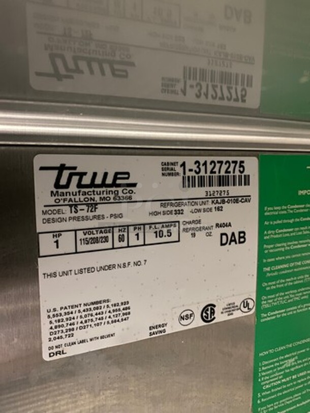 True Commercial 3 Door Reach In Freezer! With Poly Coated Racks! All Stainless Steel! Model TS72F Serial 13127275! 115/208/230V 1Phase! On Casters! WORKING WHEN REMOVED! - Image 7 of 11