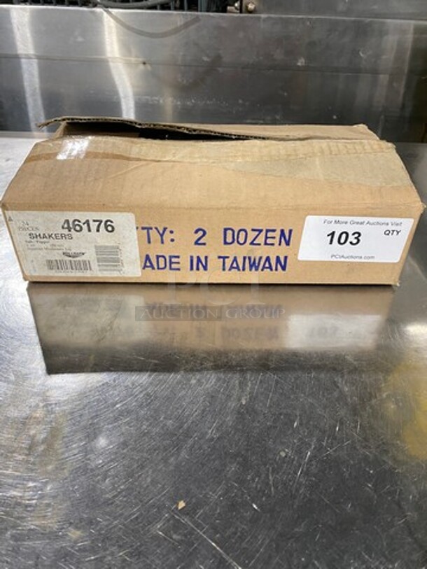 NEW! IN THE BOX! ALL ONE MONEY! Vollrath 2 oz Salt And Pepper Shakers! Glass With Stainless Steel Tops! - Image 1 of 5