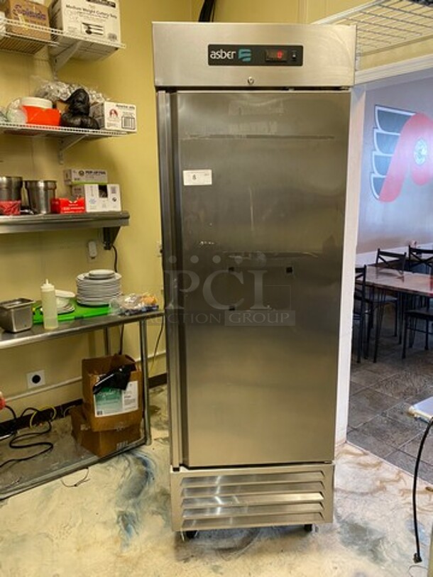 LATE MODEL! 2021 Asber Commercial Single Door Reach In Freezer! With Poly Coated Racks! All Stainless Steel! On Casters! WORKING WHEN REMOVED! Model: ARF23HFHC SN: 8102349138 115V 60HZ 1 Phase - Item #1059412