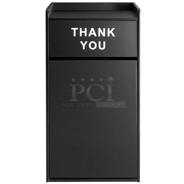 BRAND NEW SCRATCH & DENT! Lancaster Table & Seating Waste 35 Gallon Black Receptacle Enclosure with "THANK YOU" Swing Door. - Out Of Original Packaging.  - Image 3 of 6