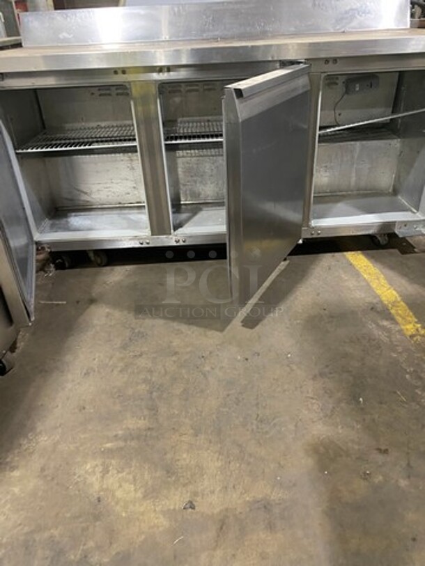 Continental Commercial Worktop/ Lowboy Cooler! With Backsplash! With 3 Door Refrigerated Storage Space Underneath! With Poly Coated Racks! All Stainless Steel! Model: SW72BS SN: 14655428 115V 60HZ 1 Phase - Image 5 of 8