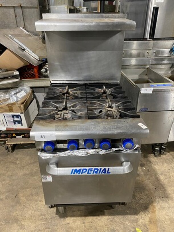 Imperial Commercial Natural Gas Powered 4 Burner Stove! With Raised Back Splash And Salamander Shelf! With Oven Underneath! All Stainless Steel! On Legs!