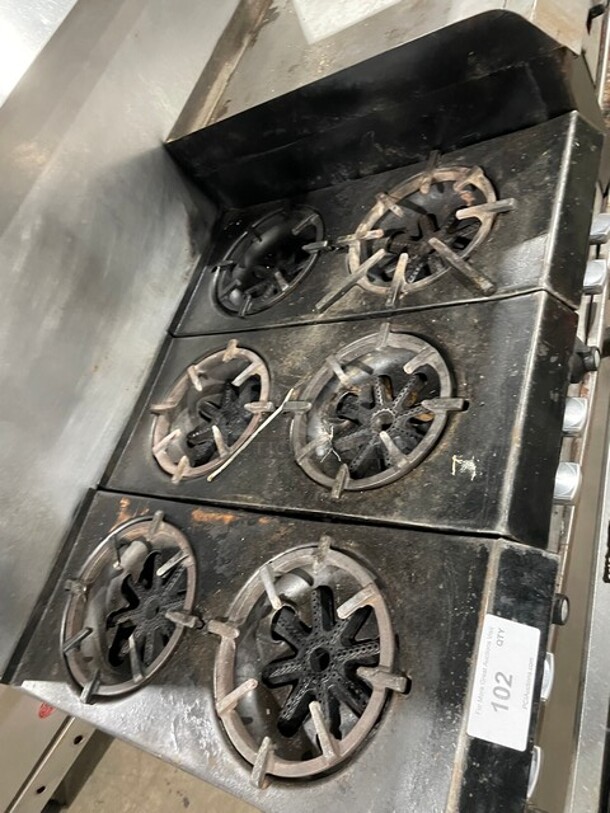 Garland Natural Gas Powered 6 Burner Stove With Raised 24" Flat Griddle & Cheese Melter Combo! With 2 Full Size Ovens Underneath!  With Backsplash & Overhead Salamander Shelf! On Legs! - Image 5 of 9