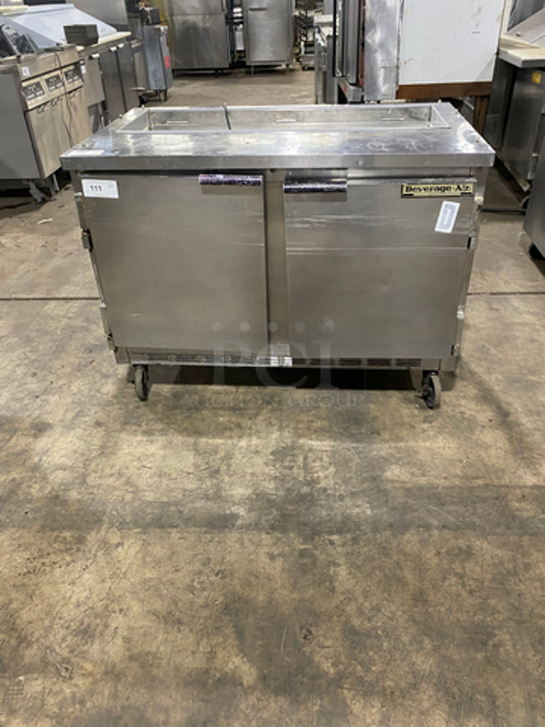 Beverage Air Commercial Refrigerated Sandwich Prep Table! With 2 Door Storage Space Underneath! All Stainless Steel! On Casters! Model: SP4812 SN: 5306568 115V 60HZ 1 Phase
