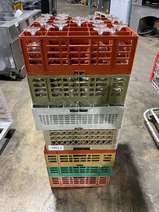 MISCELLANEOUS! Assorted Color Poly Cup Crates! With Assorted Style Stemmed Wine Glasses And Drinking Glasses! 7x Your Bid!