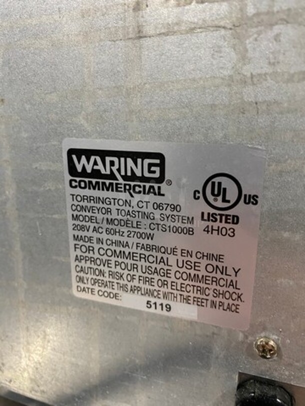 Waring Commercial Countertop Conveyor Toaster Oven! All Stainless Steel! On Legs! Model: CTS1000B 120V 60HZ 1 Phase - Image 5 of 8