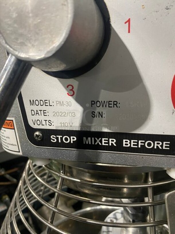 GREAT! LATE MODEL 2022! Primo Commercial 30 Quart Floor Style Planetary Mixer! With Bowl & Bowl Guard! With Whisk, Paddle, & Dough Hook Attachments! Model PM30 Serial 22030231013! 110V! - Image 9 of 10