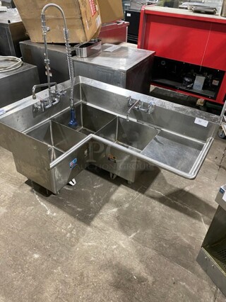 Stainless Steel 3 Compartment Corner Sink With Drain Board And Faucet!