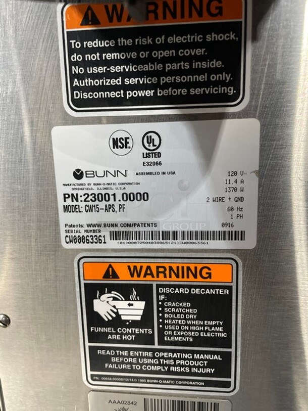 Bunn Stainless Steel Commercial Countertop Coffee Machine! MODEL CW15-APS 120V 1PH  - Image 6 of 11