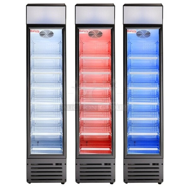 BRAND NEW SCRATCH & DENT! Galaxy GDN-5 16 9/16" Black Swing Glass Door Merchandiser Refrigerator with Red, White, and Blue LED Lighting - Image 1 of 2