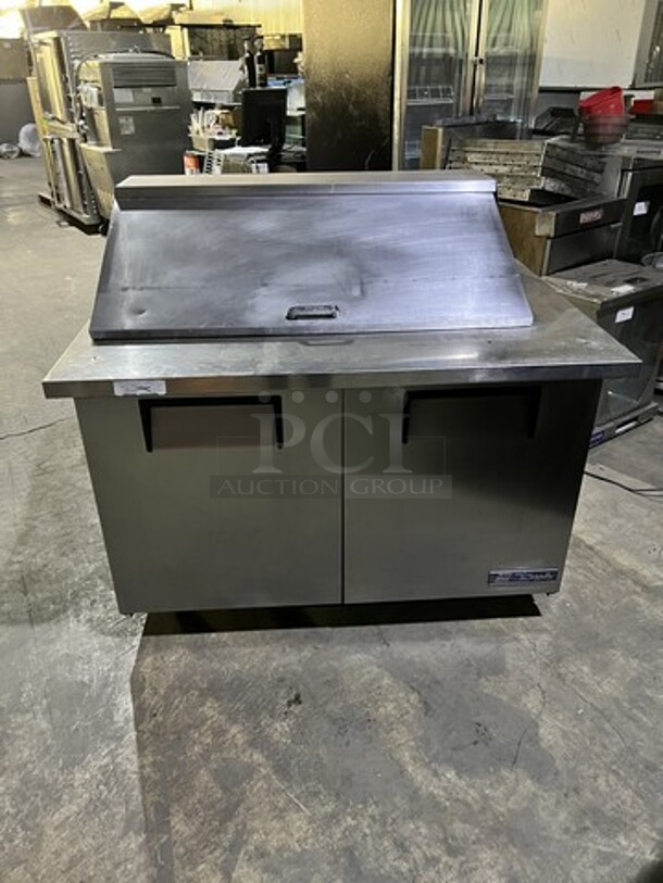 Great! True All Stainless Steel Mega Top Refrigerated Sandwich Prep Table! With 2 Door Storage Underneath! With Racks! Model TSSU-4818M Serial 5272463! 115V 1 Phase! On Casters! Working When Removed!
