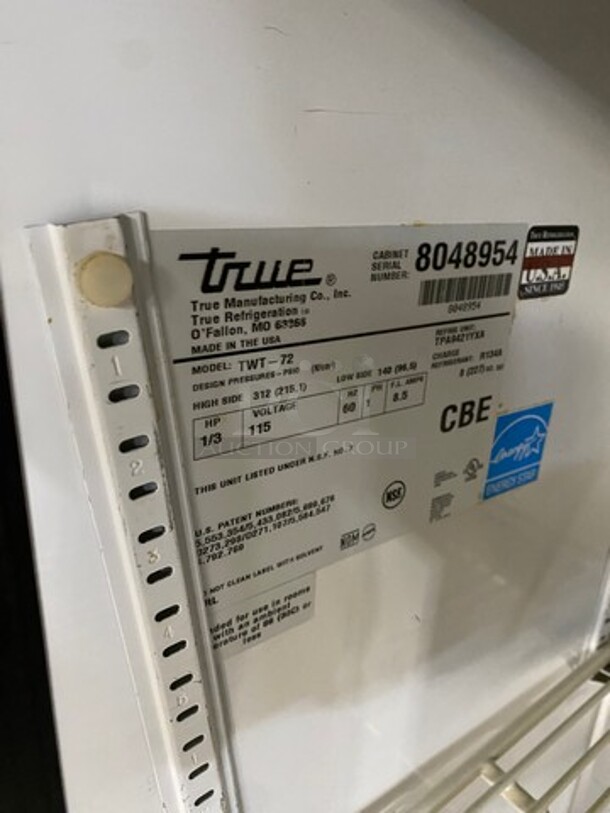True Commercial 3 Door Refrigerated Lowboy/Worktop Cooler! With Backsplash! All Stainless Steel! On Legs! Model: TWT72 SN: 8048954 115V 60HZ 1 Phase! Working When Removed! - Image 7 of 8