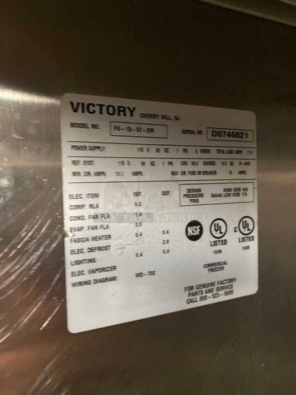 Victory Commercial Single Door Reach In Freezer! All Stainless Steel! On Legs! Model: FS1DS7EW SN: D0746821 115V 60HZ 1 Phase - Image 7 of 9