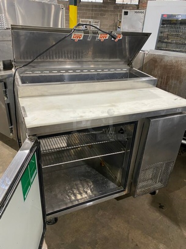 NICE! Turbo Air Commercial Refrigerated Pizza Prep Table! With Commercial Cutting Board! With Single Door Storage Space! Poly Coated Rack! All Stainless Steel! On Casters! Model: TPR44SD SN: TP4RA0100B 115V 60HZ 1 Phase - Image 5 of 10