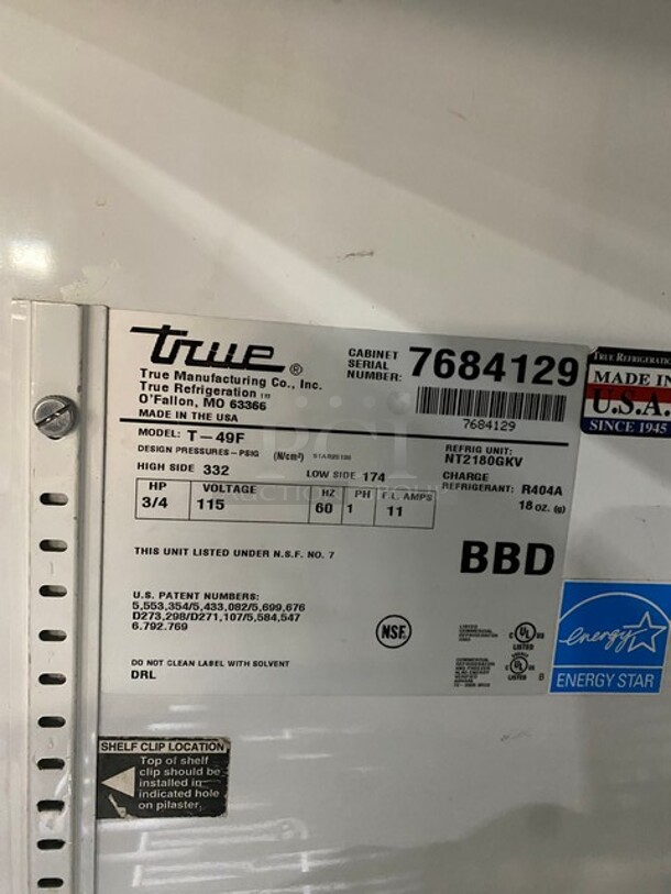 TRUE All Stainless Steel 2 Door Reach In Freezer! Model: T-49F ASerial 7684129! 115V 1 Phase! On Casters!  - Image 6 of 9