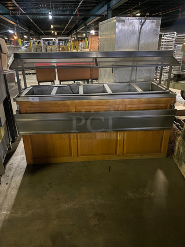 Atlas Metal Commercial 5 Bay Refrigerated Salad Bar/Cold Pan! With Sneeze Guard! Stainless Steel With Wooden Pattern Front! Model: WCMBT5 SN: 173995 115V 1 Phase