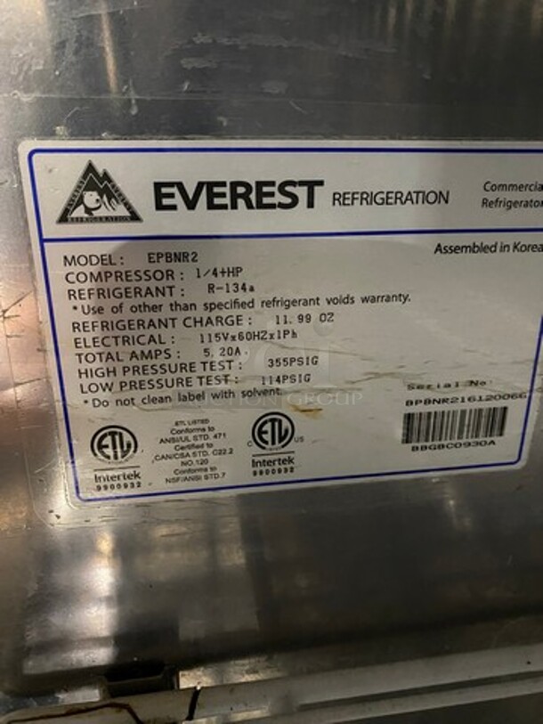 Everest Commercial Refrigerated Sandwich Prep Station! All Stainless Steel! On Casters! MODEL EPBNR2 SN:BPBNR216120066 115V 1PH - Image 7 of 9