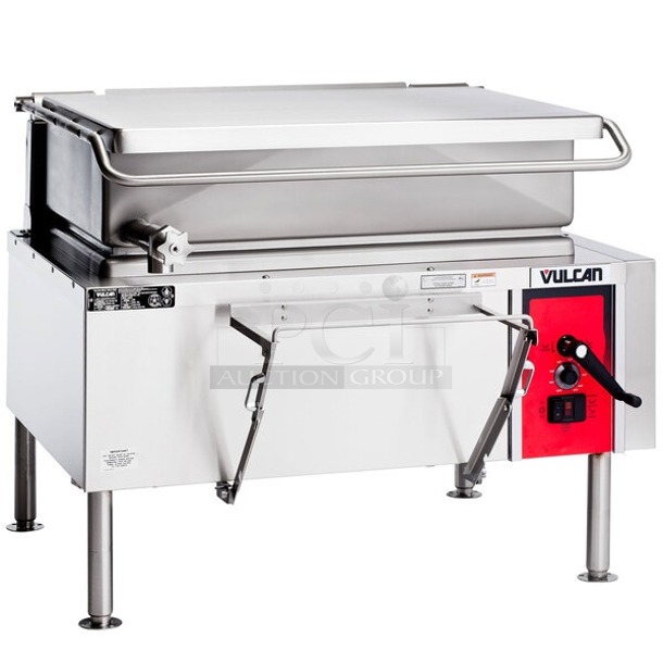 BRAND NEW SCRATCH & DENT!! Vulcan VG40-NAT Natural Gas 40 Gallon Manual Tilt Braising Pan / Tilt Skillet - 120,000 BTU. Factory Wrapping, Attachments in Pan, Dent at bottom front right leg, slight dent on side panel.  - Image 1 of 6
