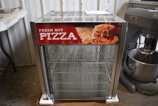 BRAND NEW IN BOX! Servit Model 423PDW18D2S Stainless Steel Commercial Countertop Pizza Warmer Merchandiser Display Case w/ Metal Rack. 120 Volts, 1 Phase. 23.5x23.5x27. Tested and Working!