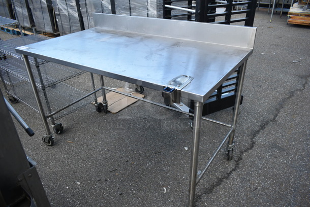 Stainless Steel Commercial Table w/ Back Splash and Commercial Can Opener Mount on Commercial Casters.