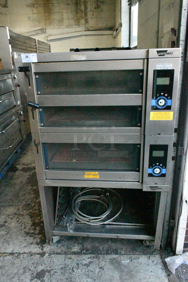 Wieshu EBO 68 L Classic Stainless Steel Commercial Electric Powered 3 Deck Bakery Oven on Commercial Casters. 200-240 Volts, 3 Phase.  - Image 1 of 12