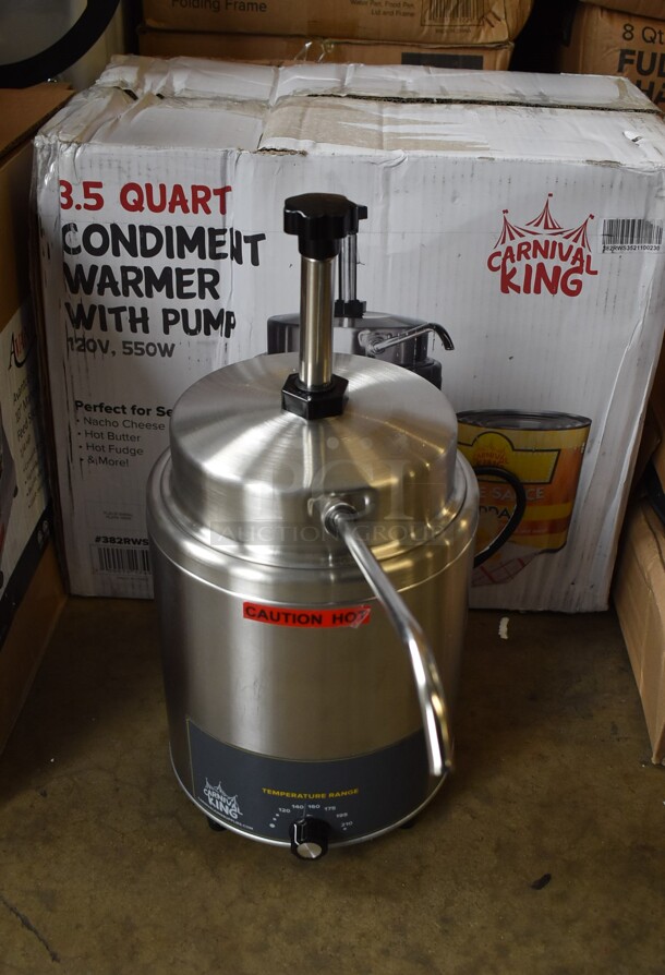 BRAND NEW IN BOX! Carnival King 382RWS35 Stainless Steel Commercial Countertop Condiment Warmer w/ Pump. 120 Volts, 1 Phase. 8x15x17. Tested and Working!