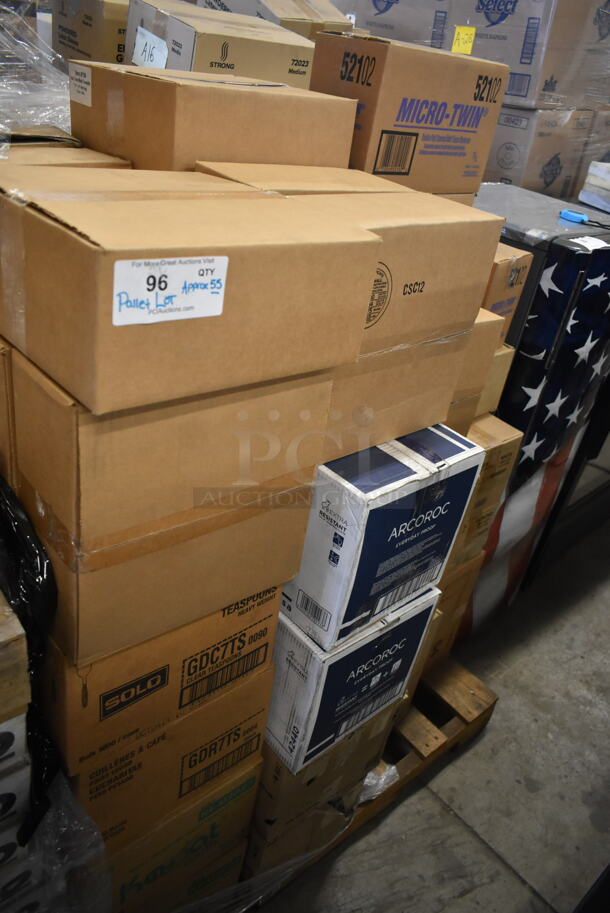 PALLET LOT of 55 BRAND NEW! Boxes Including Almond Heavy Weight Poly Knives, 52101 Micro Twin Bath Tissue Dispenser, Solo Cups, Libbey 5203 11 oz Glass Mugs, Arcoroc Syrup Pourers, Arcoroc Glasses, Solo Teaspoons, Karat Poly Spoons. 55 Times Your Bid!